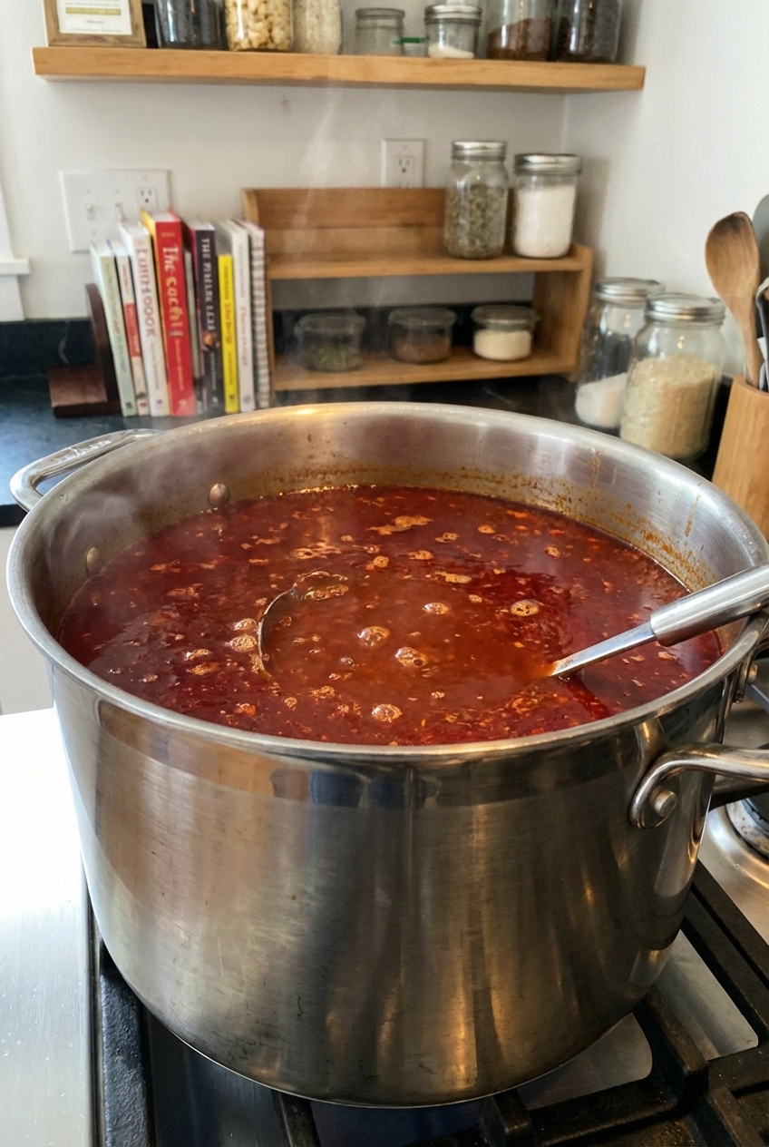 A stockpot on a stove with red chile broth simmering gently