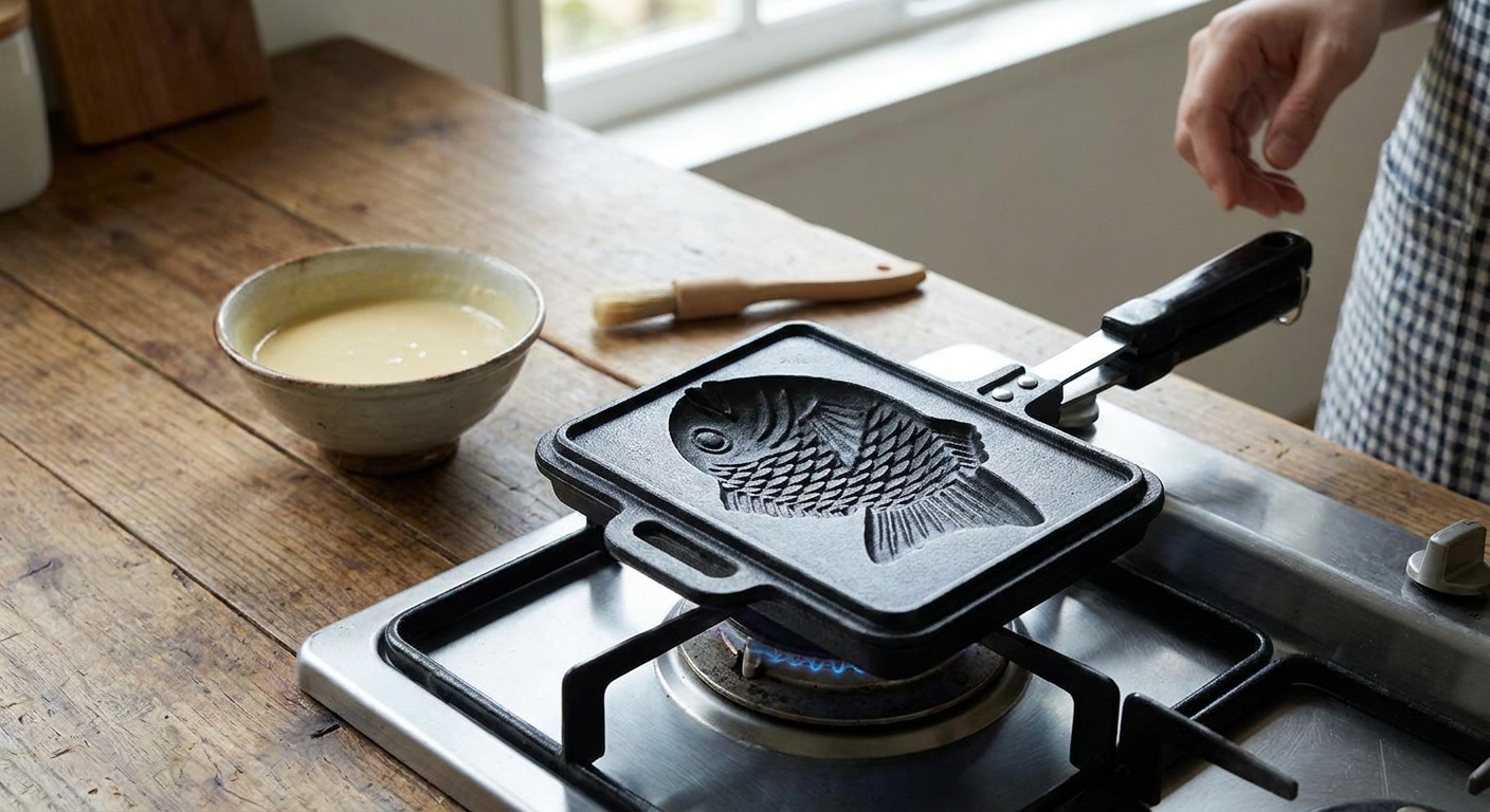 A stovetop taiyaki pan preheating on a gas burner with a small bowl of batter and a pastry brush nearby on the counter