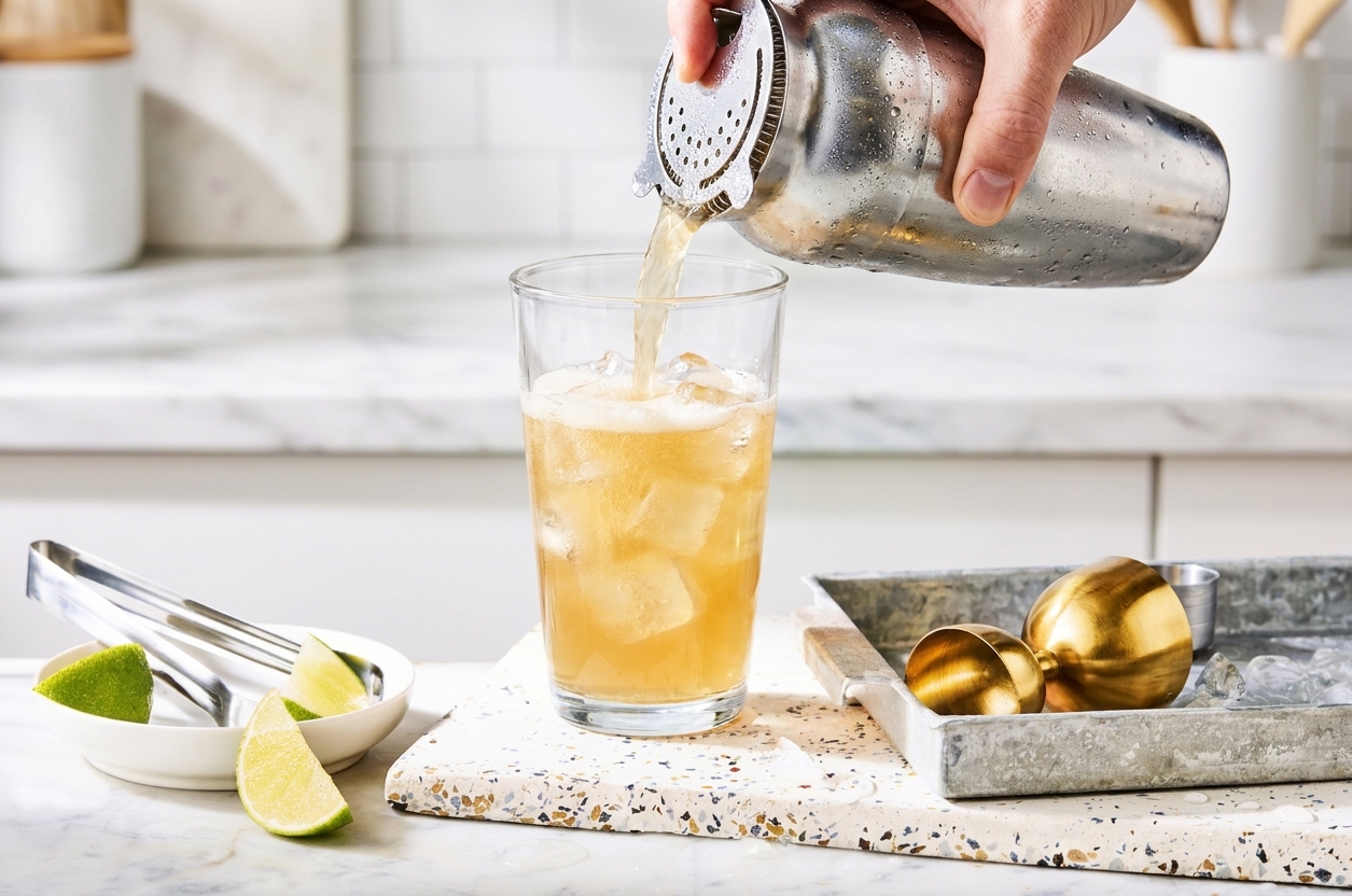 A strained pour of a pale amber cocktail from a shaker into a tall ice-filled highball glass on a kitchen counter