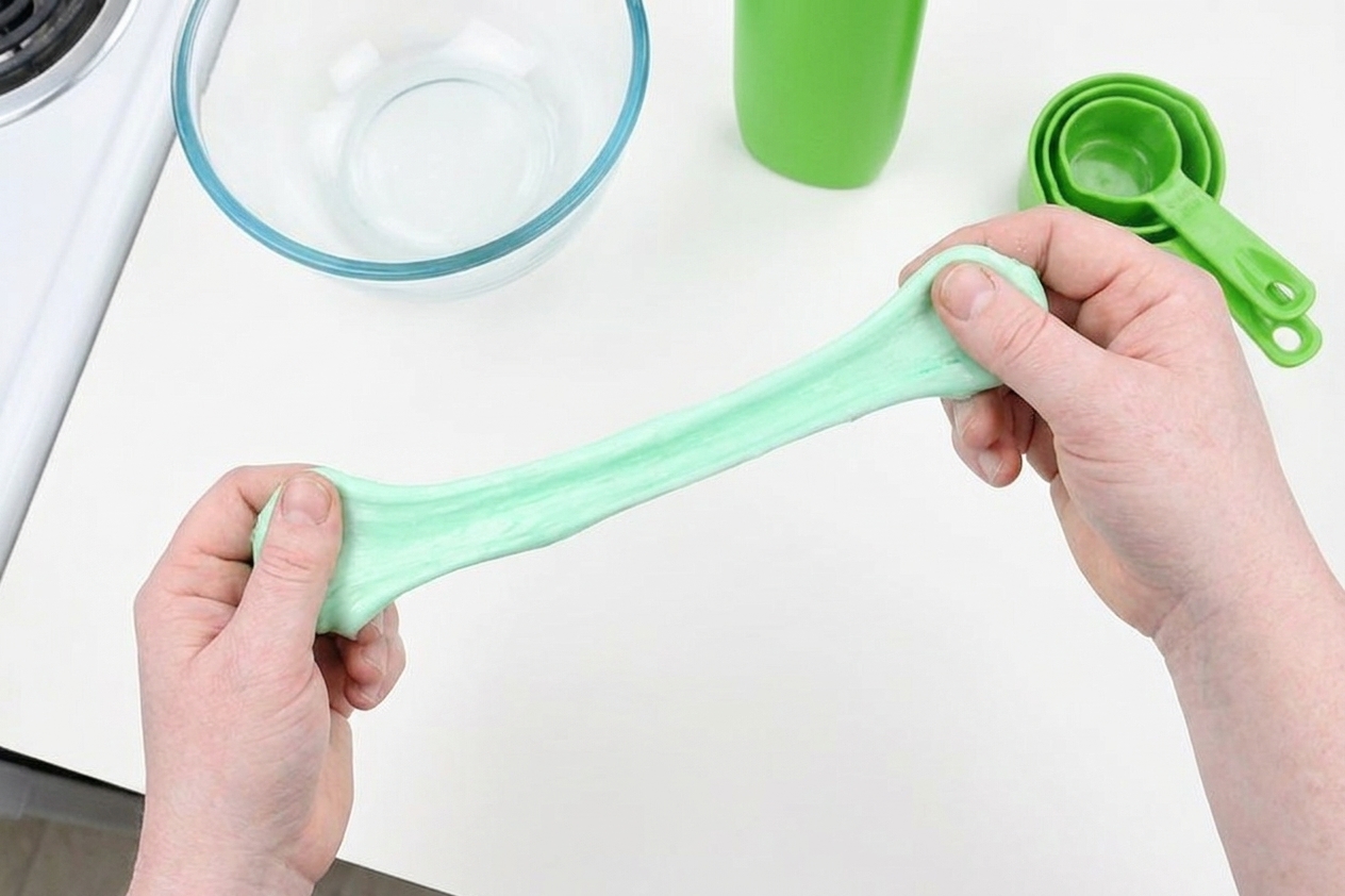 A strand of pale slime being stretched between two hands over a kitchen counter