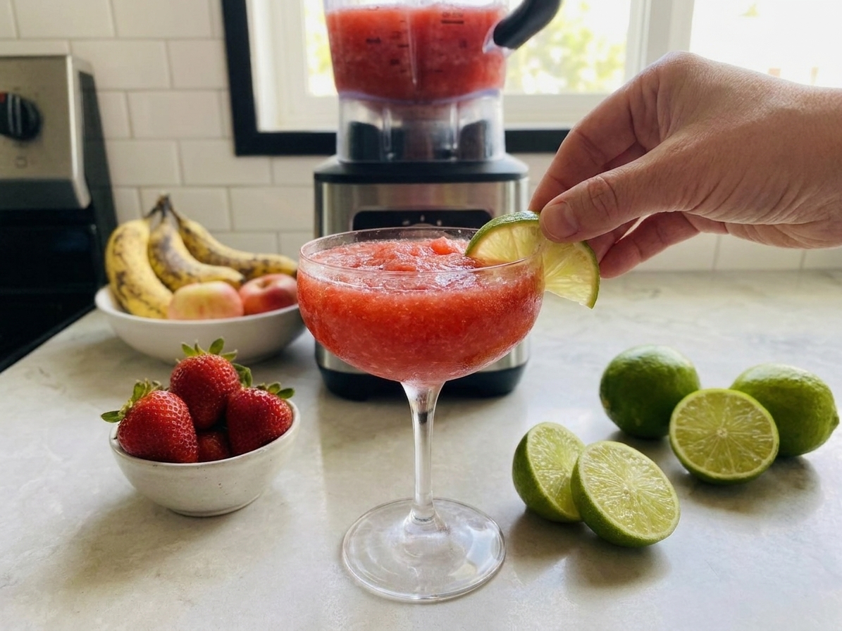 A strawberry daiquiri being garnished with a lime wedge on the rim of a chilled glass on a clean kitchen counter