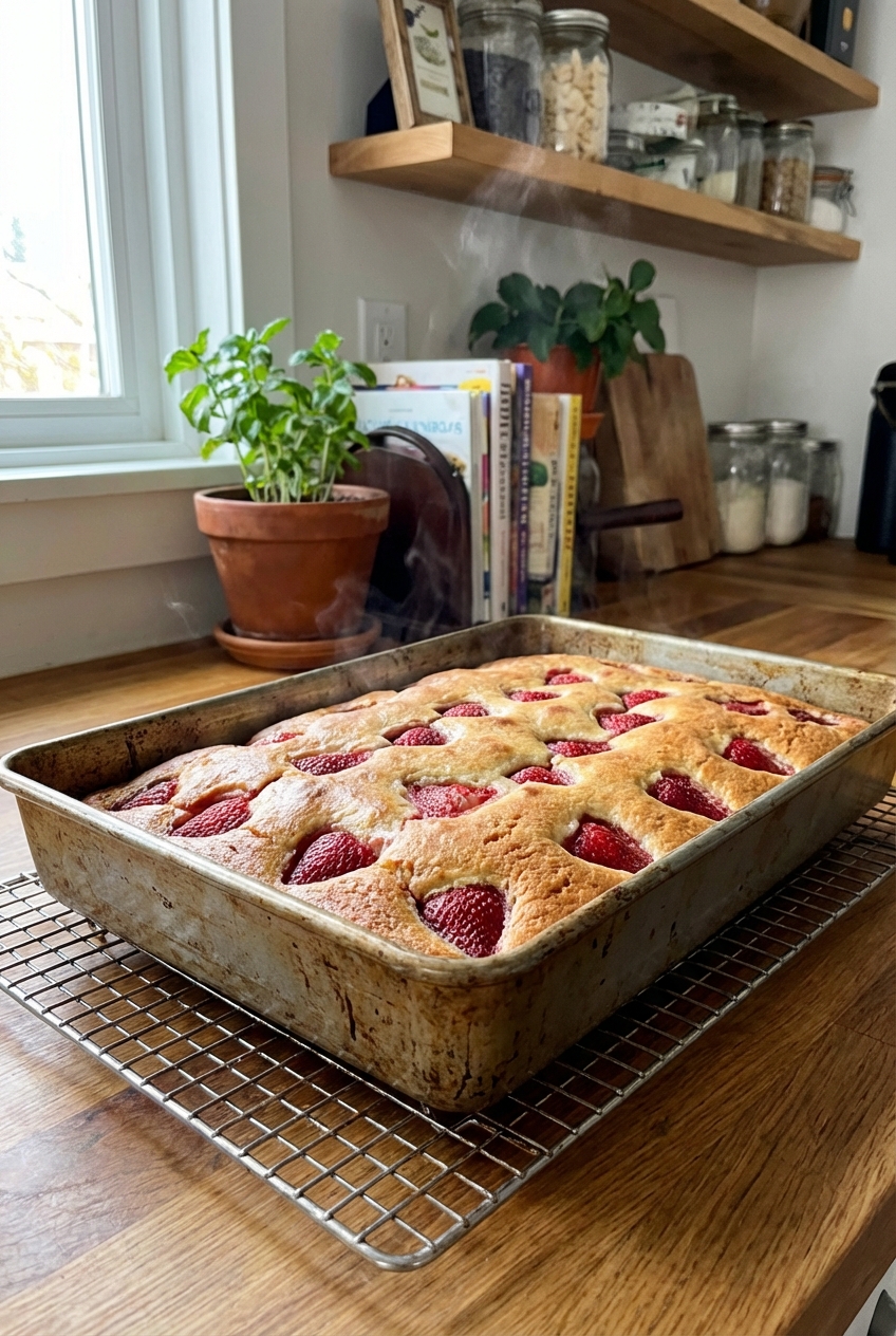 A strawberry sheet cake cooling in a metal 9x13 pan on a wire rack