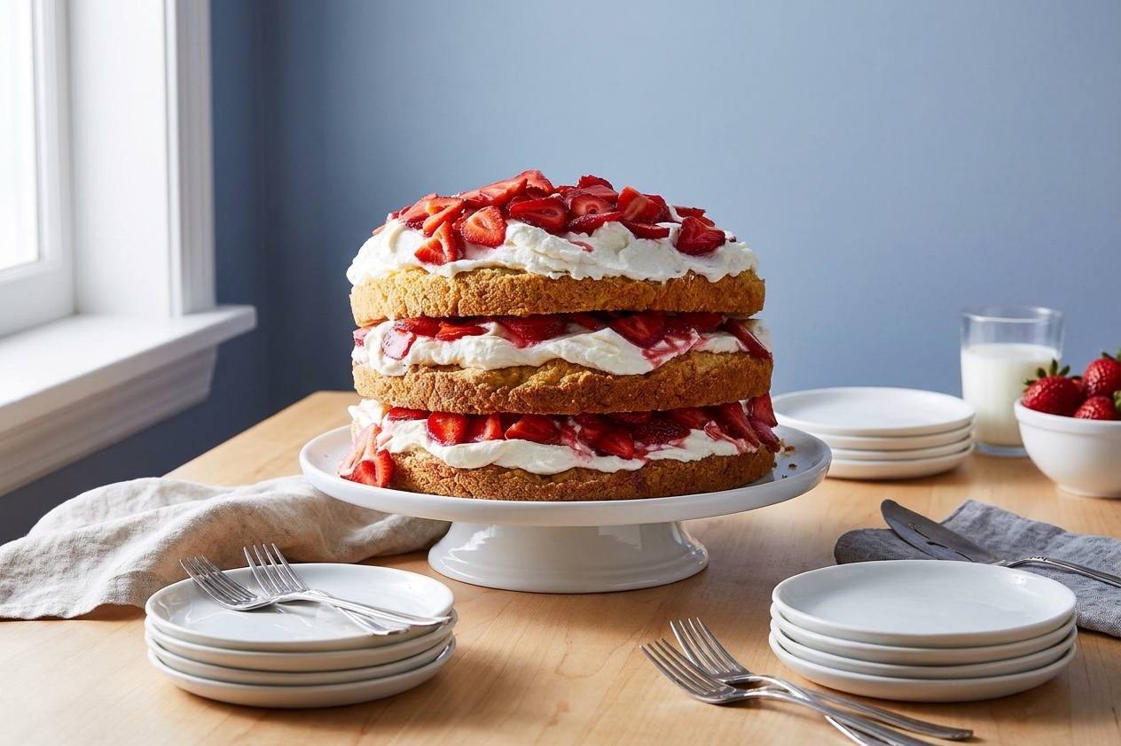 A strawberry shortcake cake on a simple cake stand set on a family dining table with plates and forks ready for serving