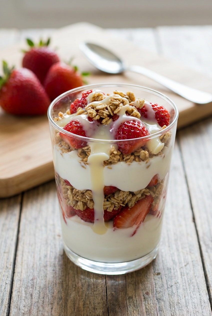 A strawberry yogurt parfait in a glass with granola and a drizzle of condensed milk
