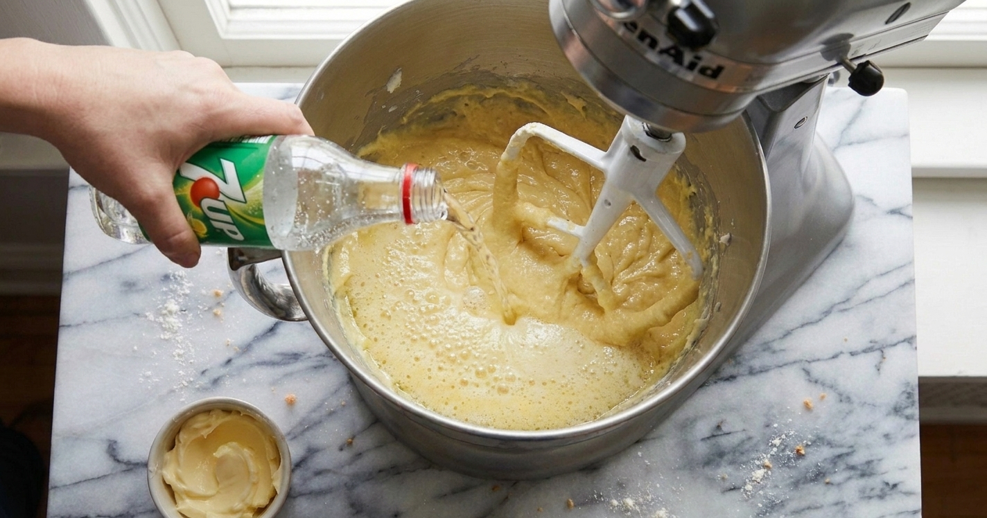 A stream of 7UP being poured into a mixing bowl of cake batter while mixing on low speed