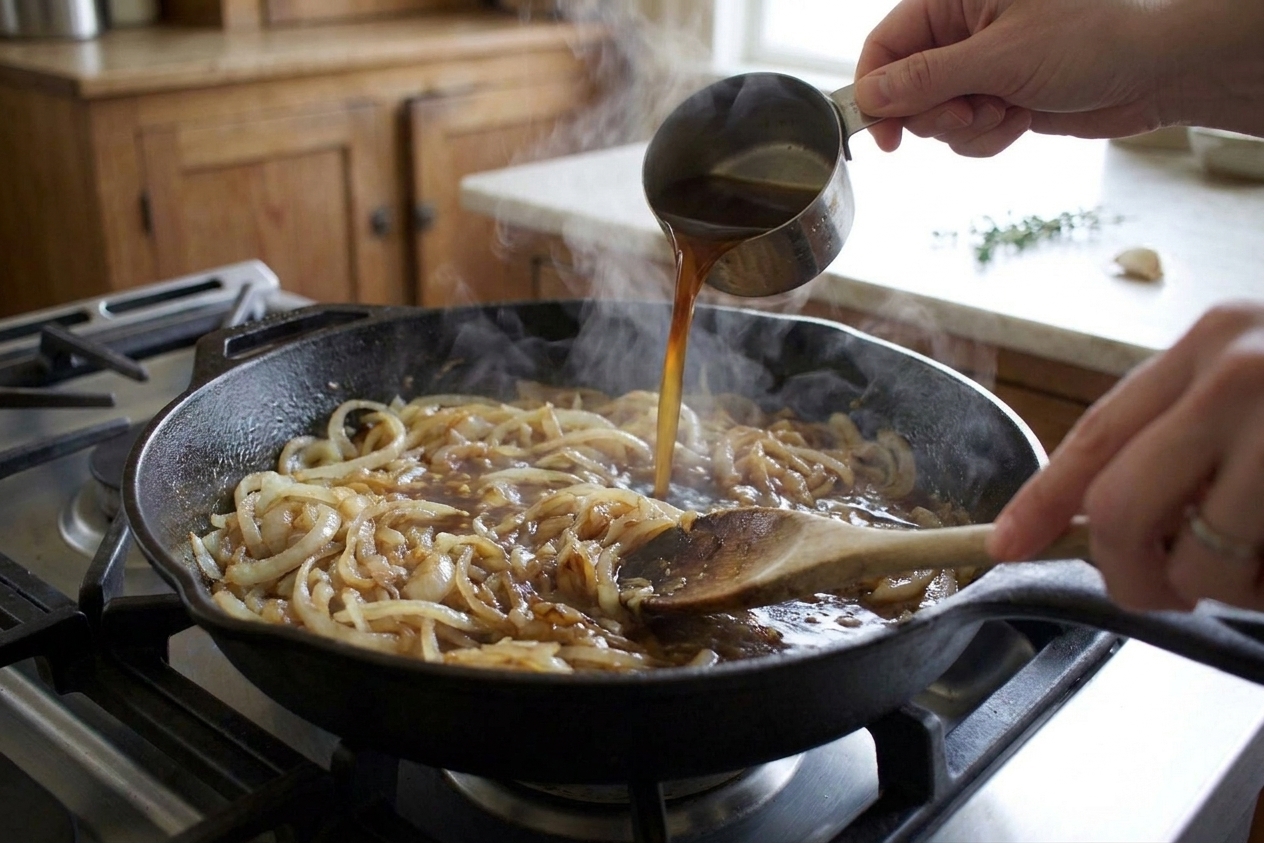 A stream of broth being poured into a skillet of caramelized onions while the cook scrapes the bottom to lift browned bits