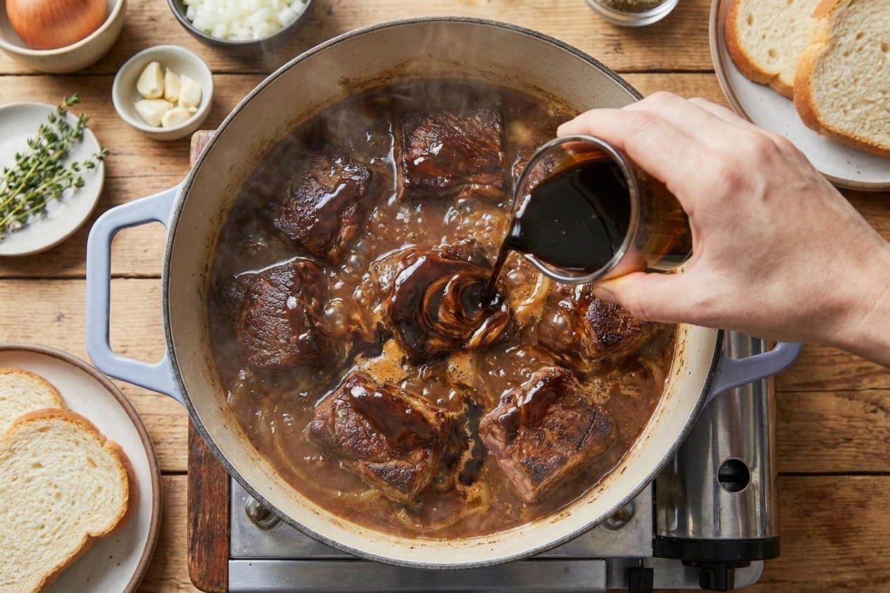 A stream of dark cassareep being poured into a simmering pot of stew, creating deep brown swirls in the broth
