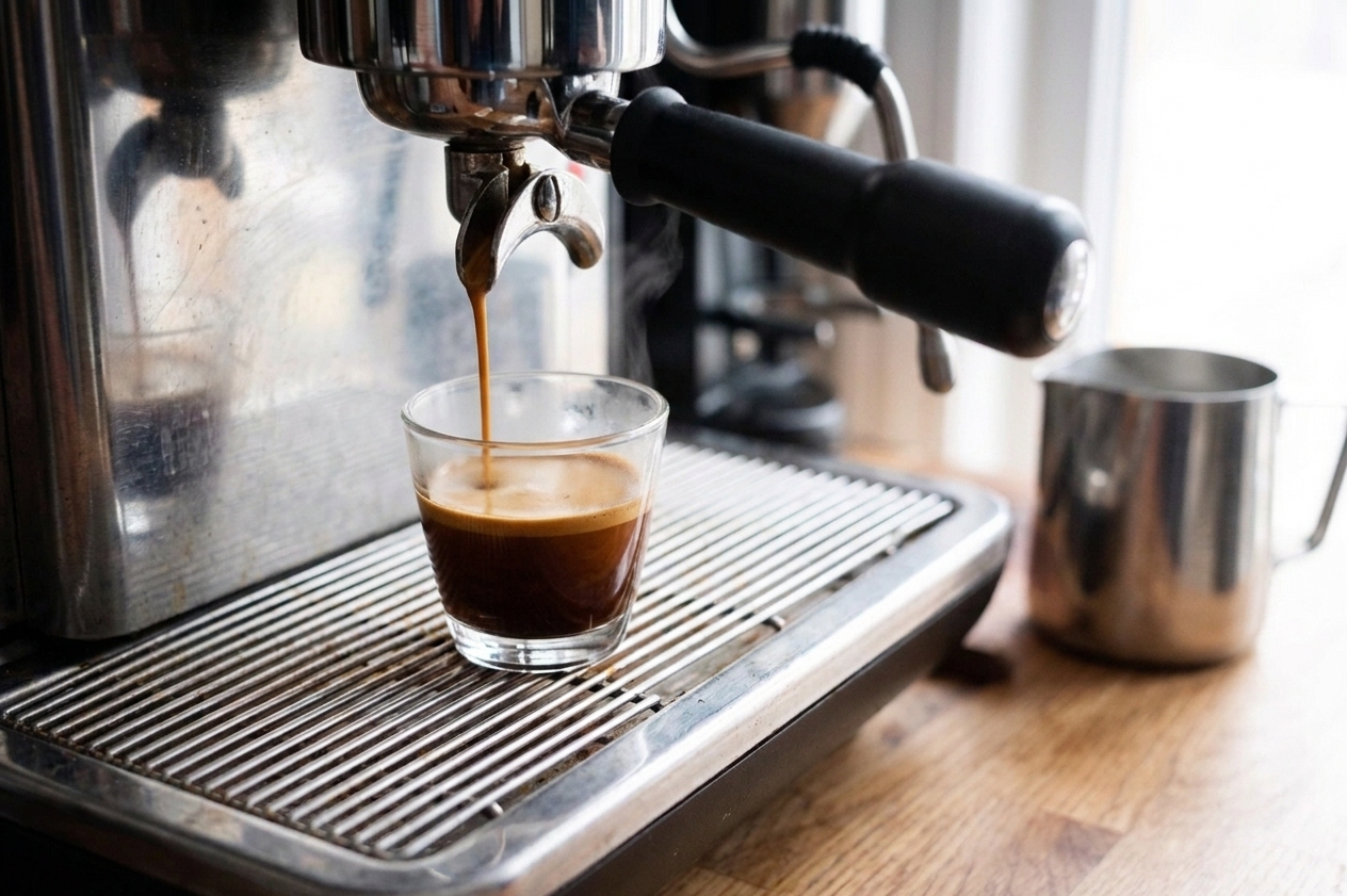 A stream of espresso flowing from a portafilter into a small glass on a home espresso machine