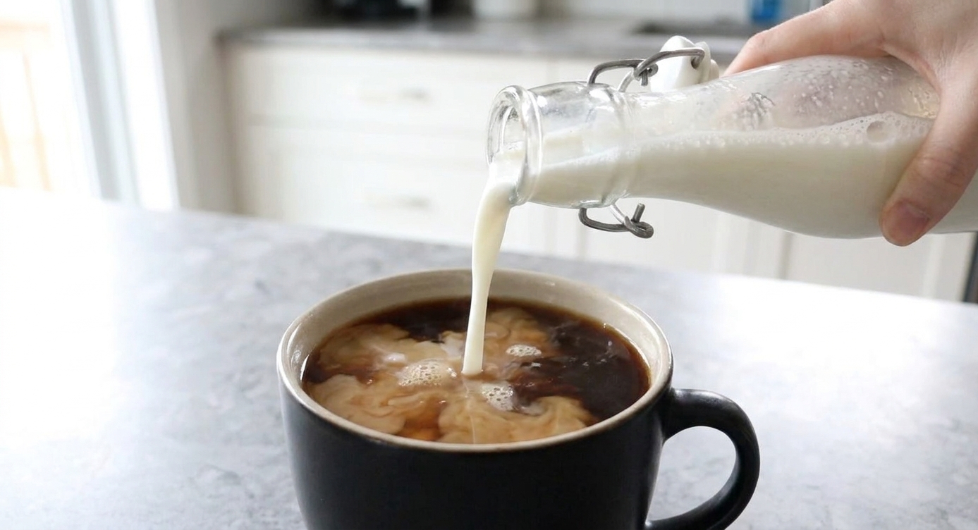 A stream of homemade milk being poured into a mug of strong coffee on a bright kitchen counter