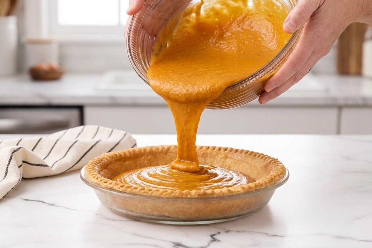 A stream of pumpkin pie filling being poured into an unbaked pie crust in a ceramic pie dish on a kitchen counter