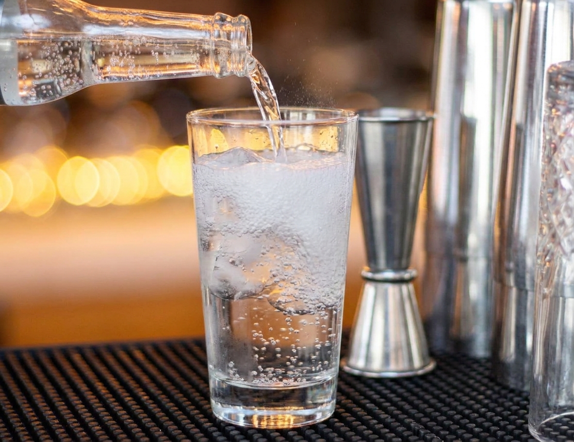 A stream of soda water being poured into a vodka and ice highball glass, bubbles rising to the top