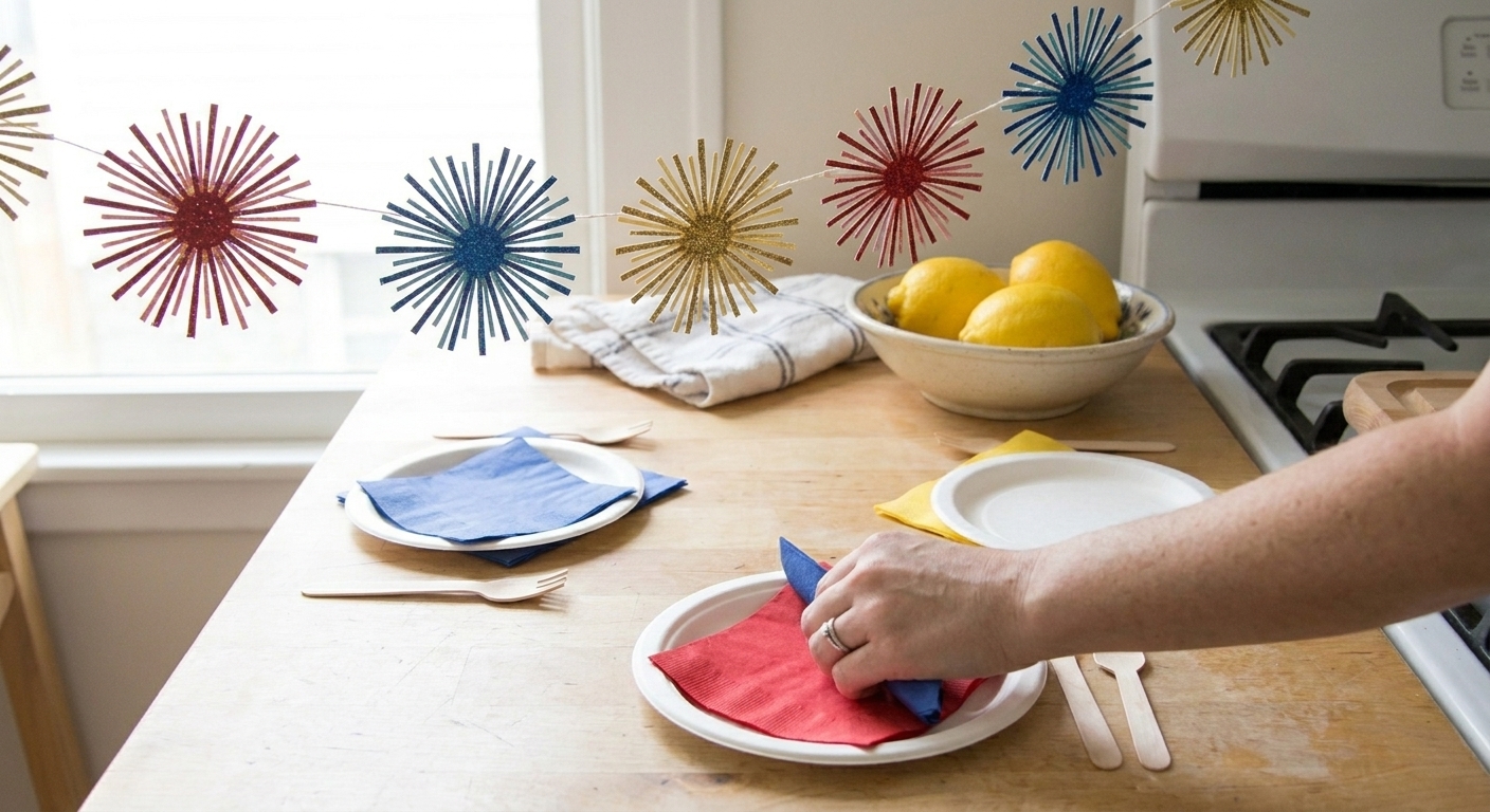 A string garland of colorful paper fireworks hanging above a party table with simple plates and napkins in a bright kitchen