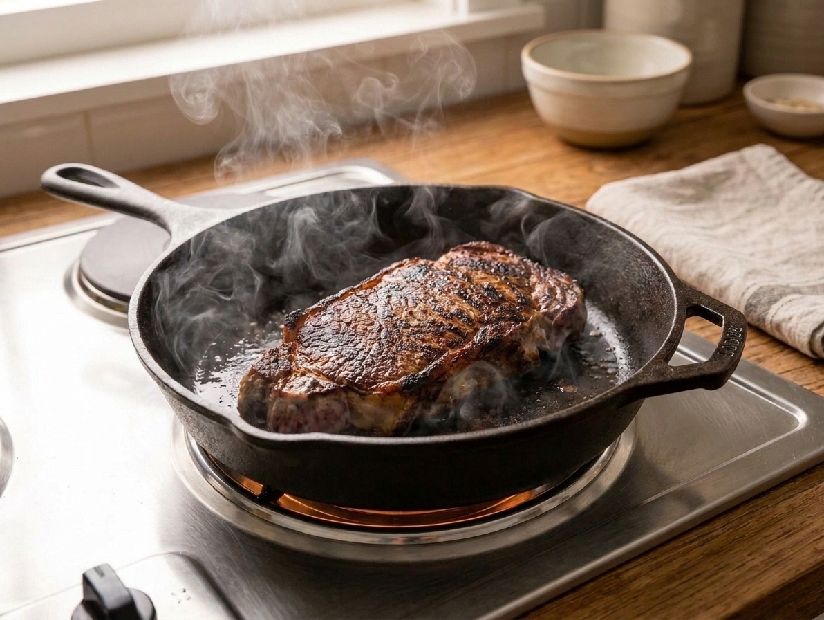 A striploin steak developing a dark brown crust while searing in a cast iron skillet on a stove