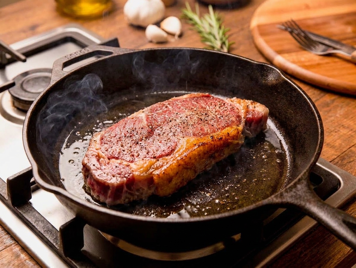 A striploin steak searing in a cast iron skillet with visible browning around the edges on a home stovetop