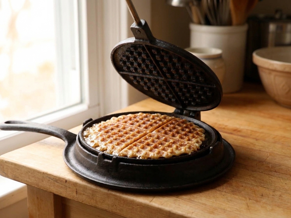 A stroopwafel dough ball pressed in a waffle iron with the lid open, showing a thin waffle cooking and turning golden