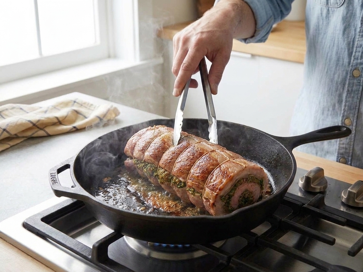 A stuffed pork loin browning in a cast iron skillet on the stovetop, with a golden crust forming on the surface