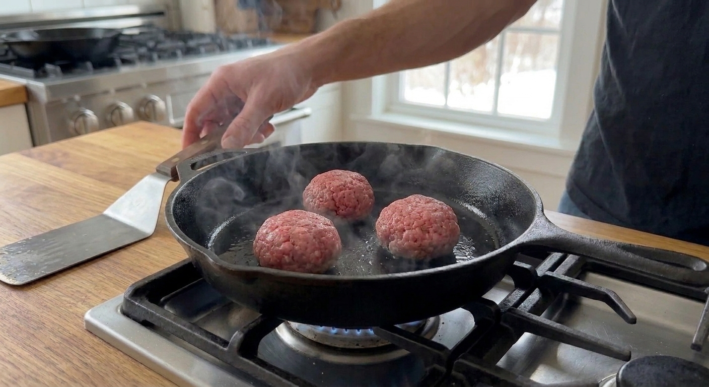 A sturdy metal spatula resting beside a hot cast iron skillet on a home stove, ready for smashing burger patties