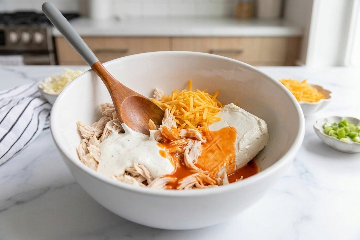 A sturdy spoon stirring shredded chicken, cream cheese, ranch, and hot sauce together in a large mixing bowl on a kitchen counter