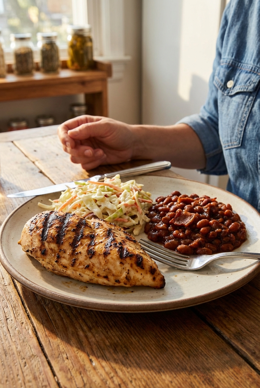 A summer dinner plate with grilled chicken, creamy coleslaw, and a scoop of baked beans