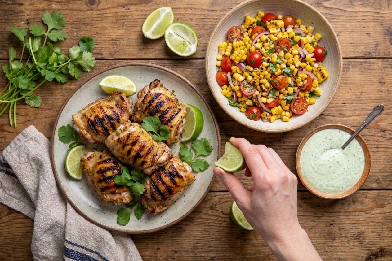 A summer dinner table setting with plates of grilled chicken, charred corn and tomato salad, a small bowl of green herb sauce, and lime wedges on a wooden table
