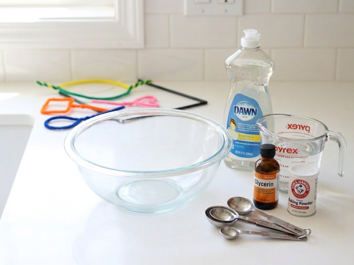 A sunlit kitchen counter with a large clear bowl and bubble solution ingredients: dish soap, a measuring cup of water, a small bottle of glycerin, baking powder, and measuring spoons arranged neatly