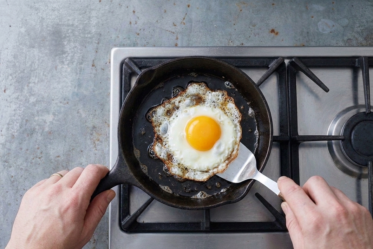 A sunny-side-up egg frying in a small skillet with crisp browned edges and a runny yolk