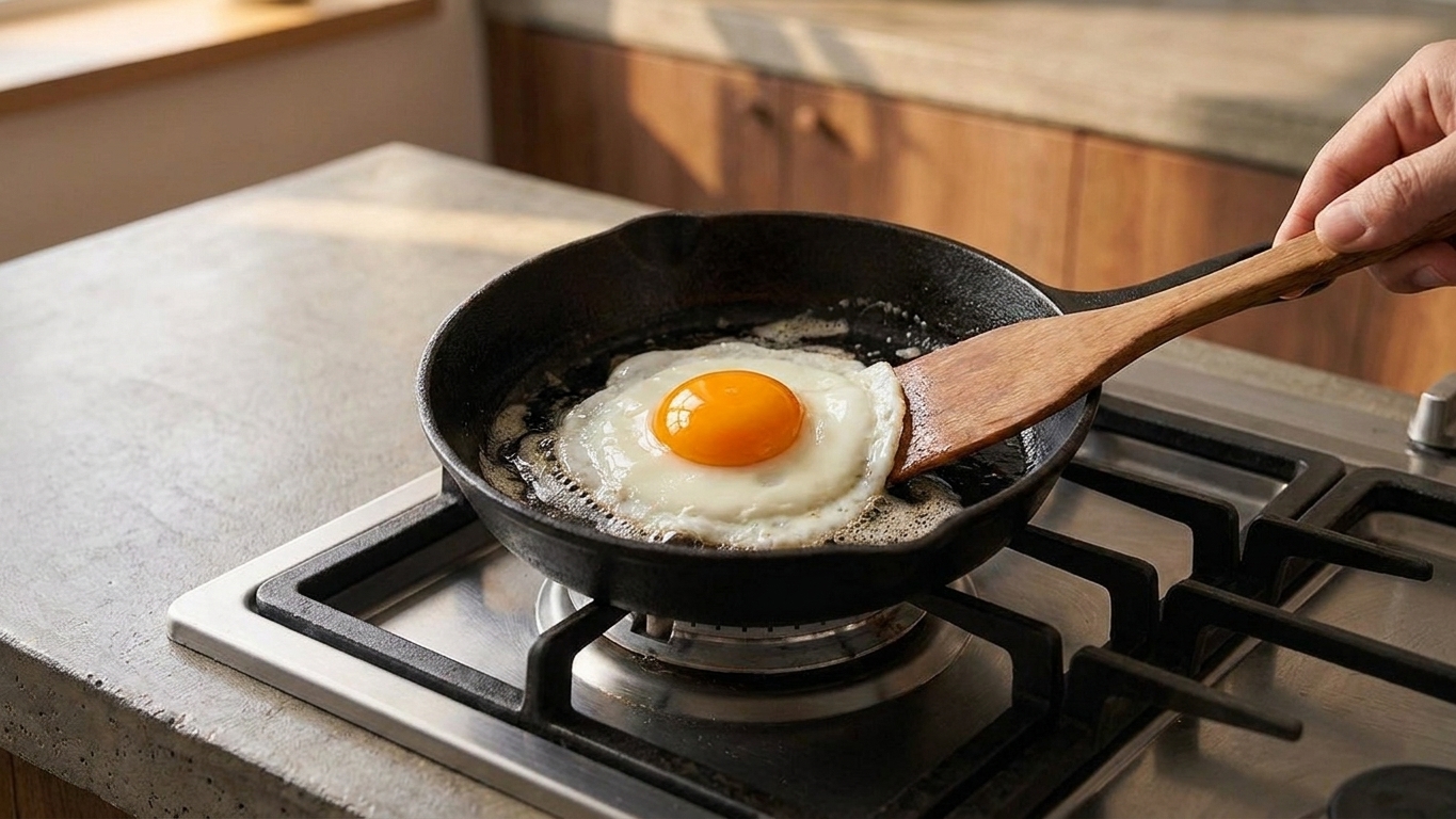 A sunny-side-up egg frying in a small skillet with set whites and a glossy yolk