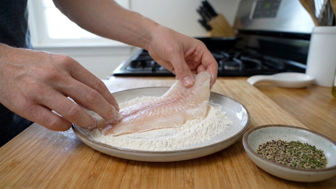 A swai fillet being lightly dredged in flour on a shallow plate next to seasoning in a small bowl
