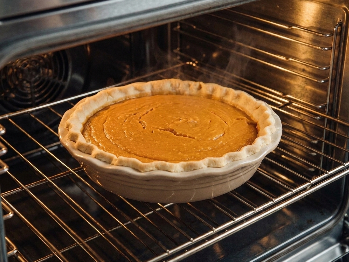 A sweet potato pie baking on the middle rack of a home oven with a lightly browned crust