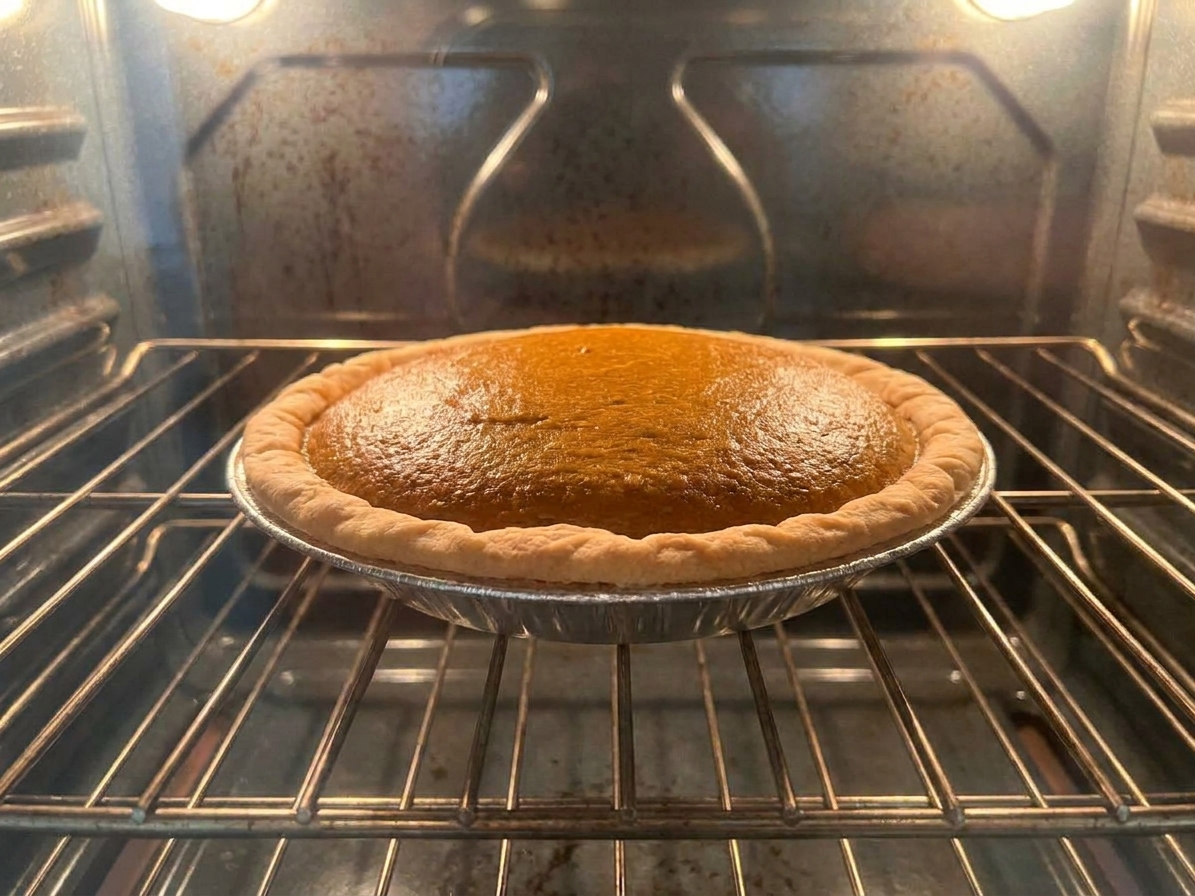 A sweet potato pie baking on the middle rack of an oven, filling slightly puffed and crust edges turning golden