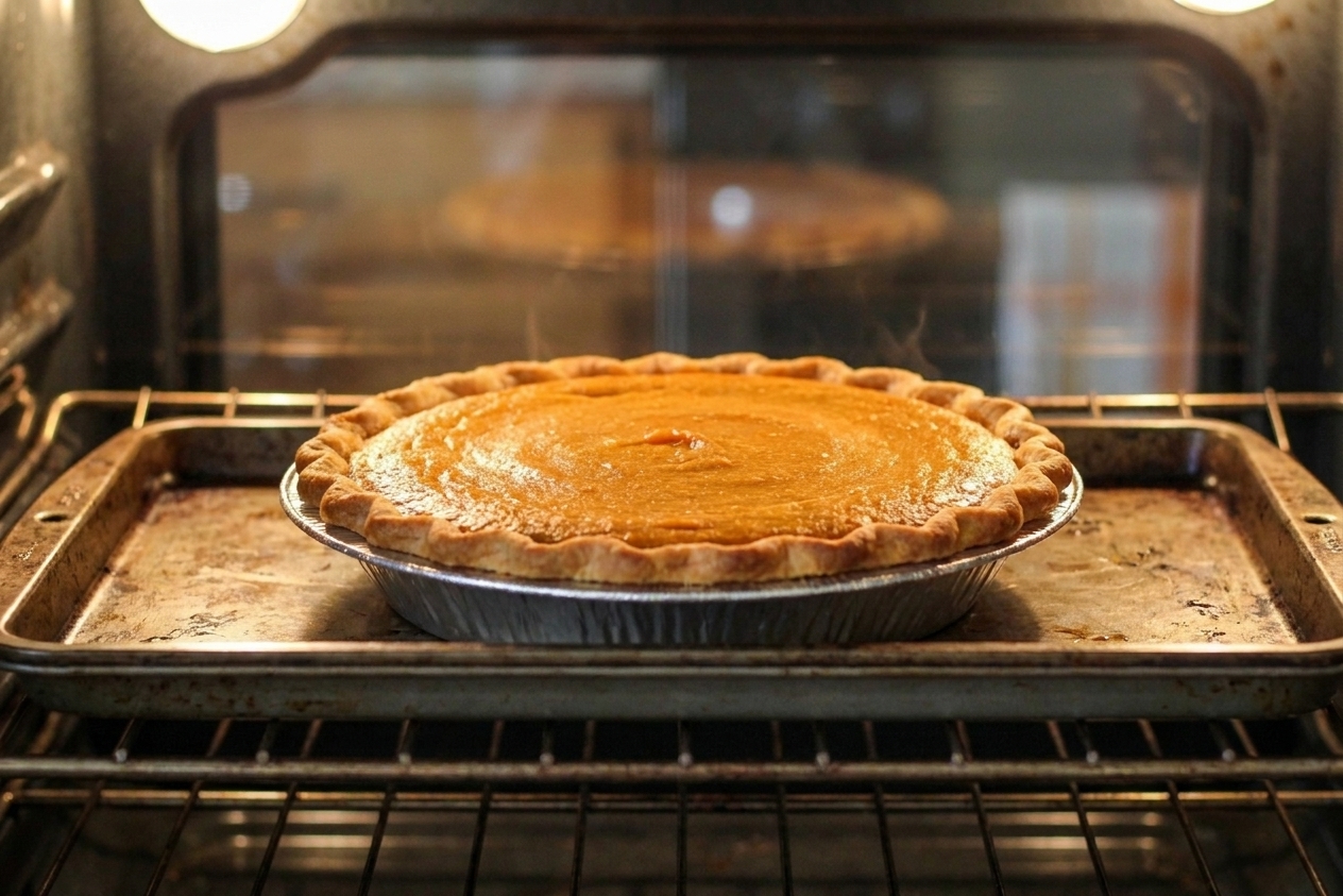 A sweet potato pie on a baking sheet in the oven, filling slightly puffed and crust turning golden