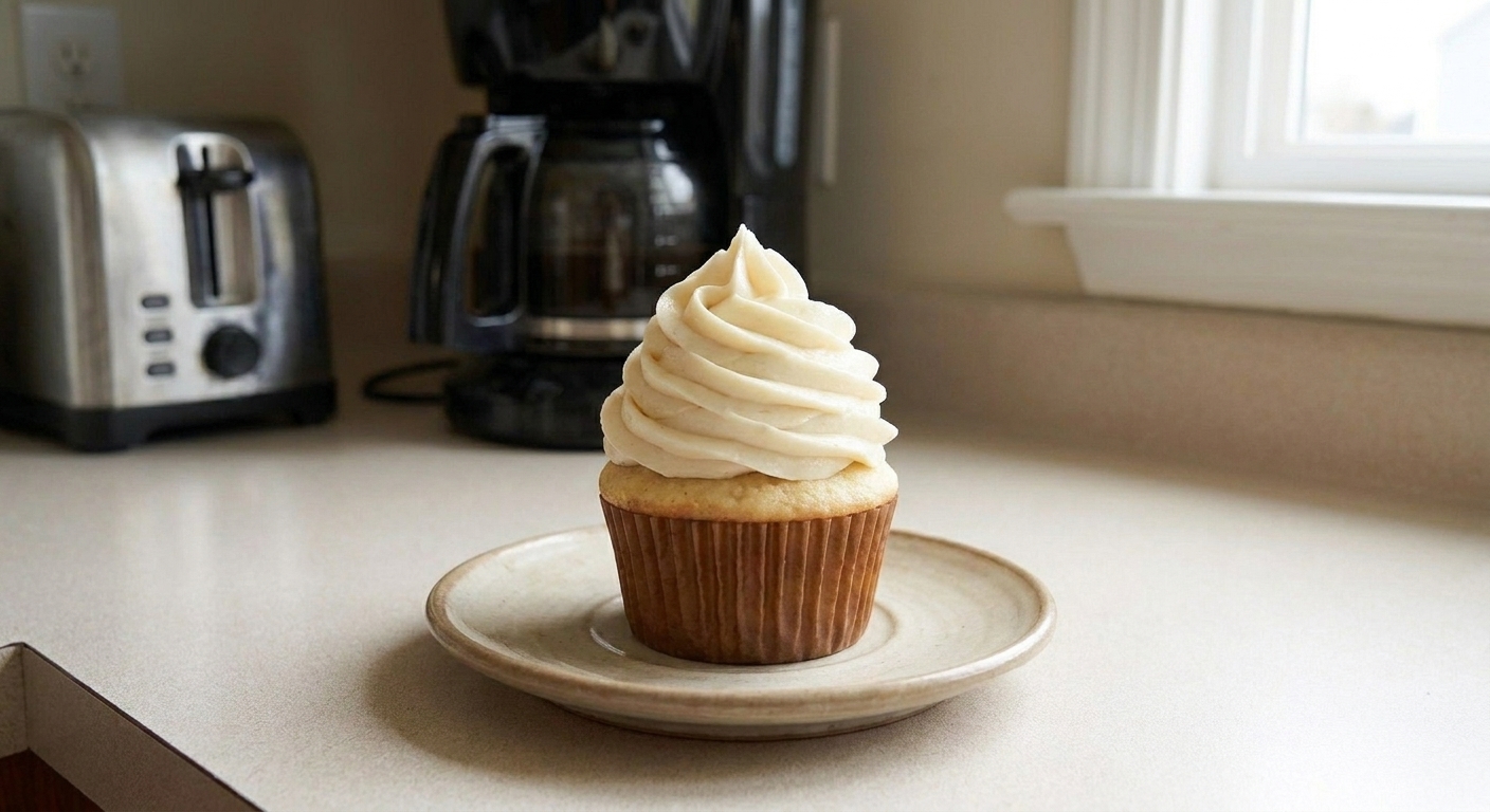 A swirl of pale vanilla American buttercream piped high on a vanilla cupcake on a light stoneware plate, with a cozy kitchen counter in soft natural light