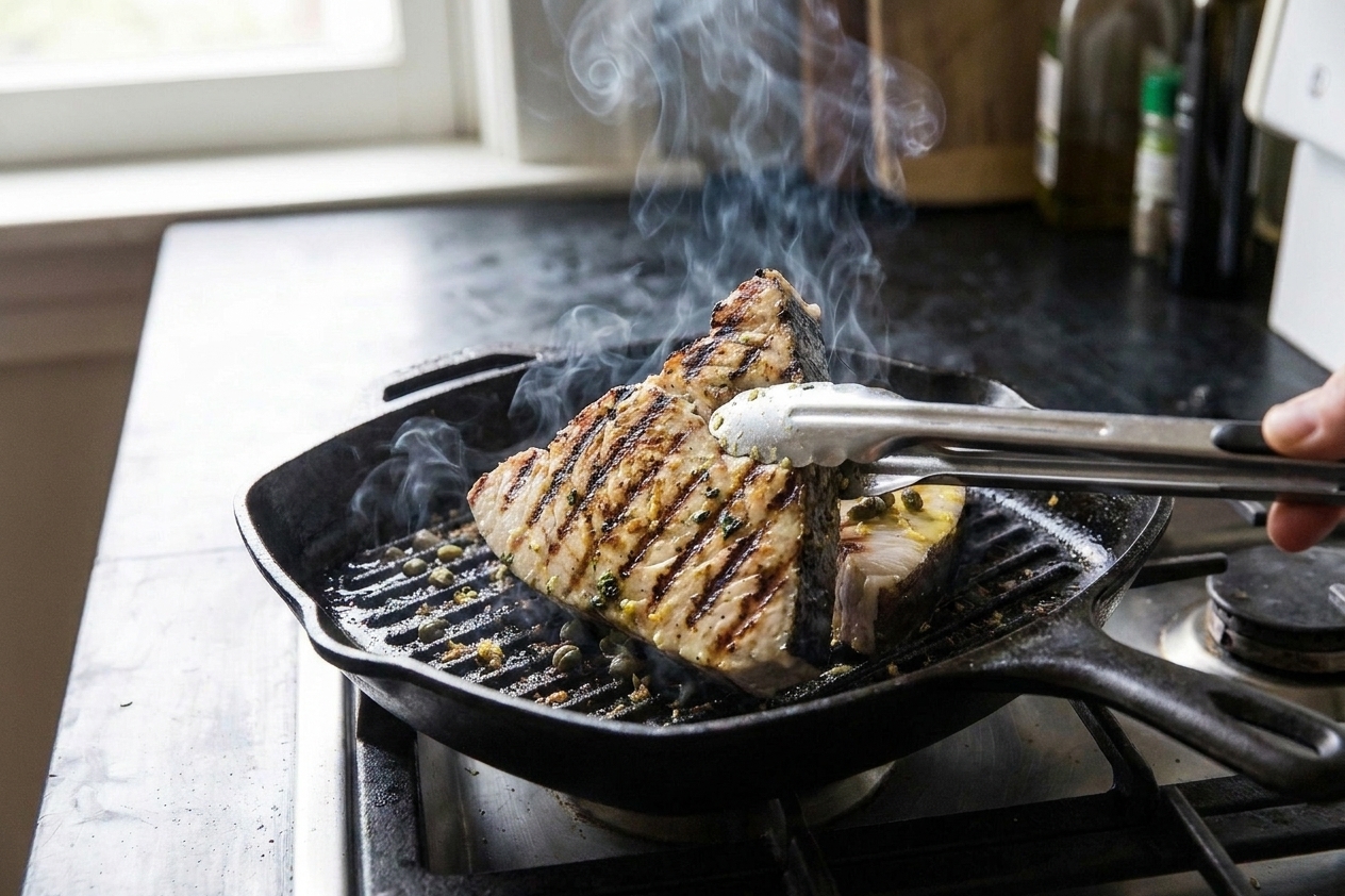 A swordfish steak being flipped on a hot grill with tongs, showing clean grill marks and lightly charred edges