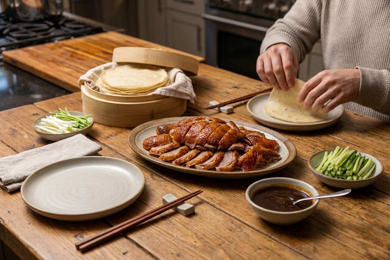 A table set with sliced duck, warm pancakes, cucumber matchsticks, scallions, and a bowl of dark dipping sauce ready for assembling wraps