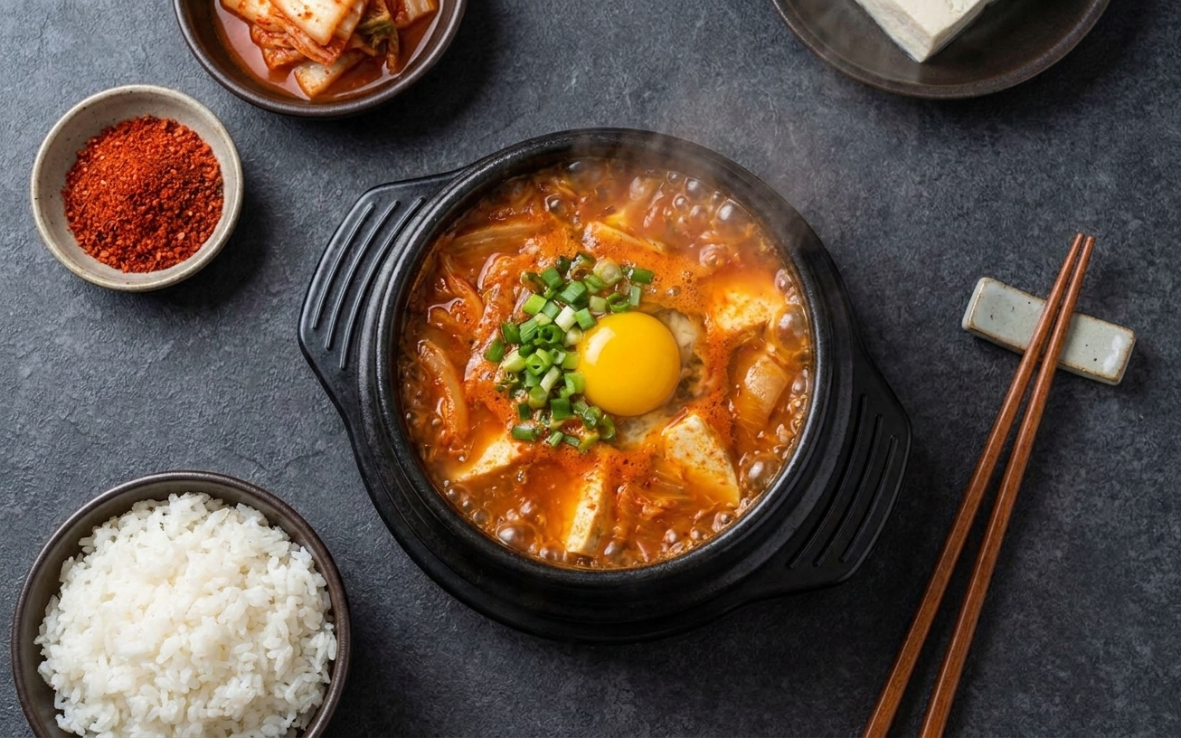 A table setting with a bowl of bubbling soondubu jjigae topped with scallions next to a bowl of steamed white rice and chopsticks