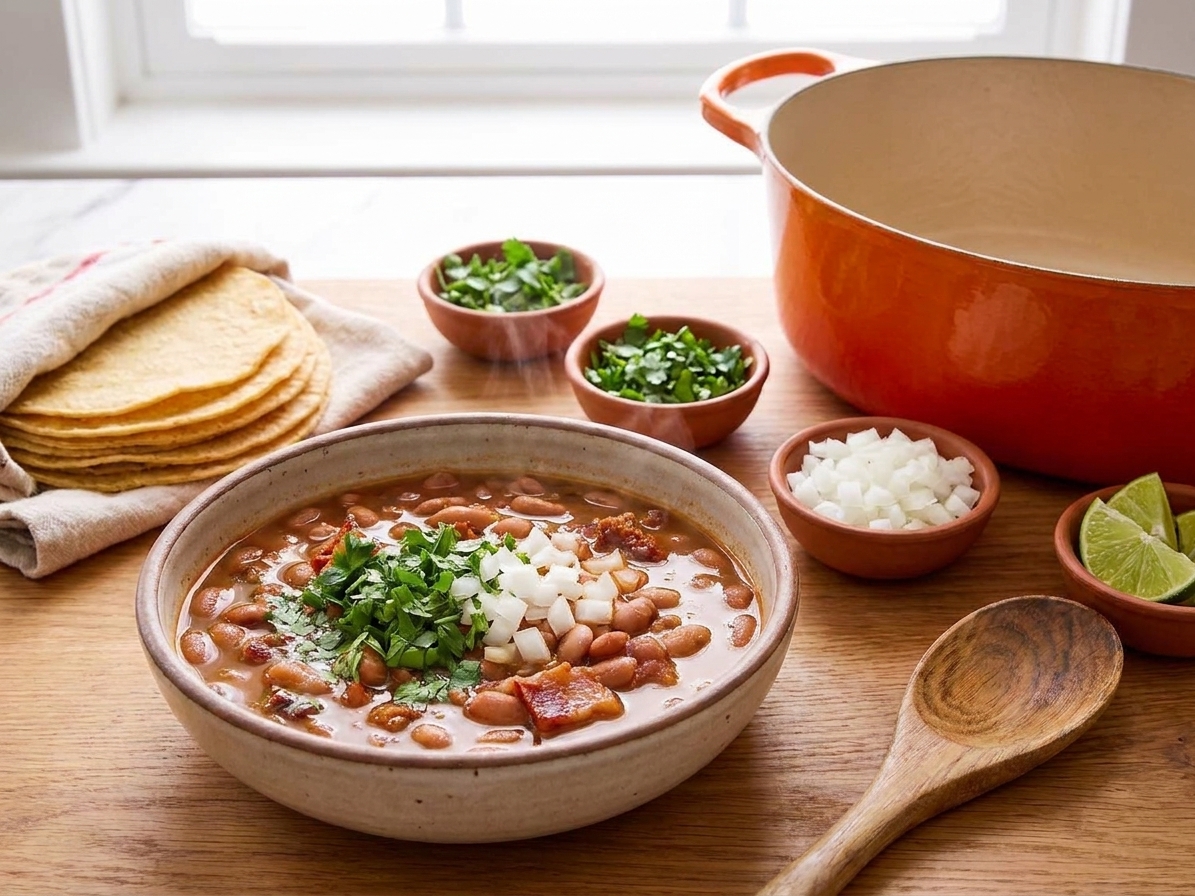 A table setting with a bowl of frijoles charros, warm tortillas in a basket, lime wedges, and small bowls of chopped onion and cilantro