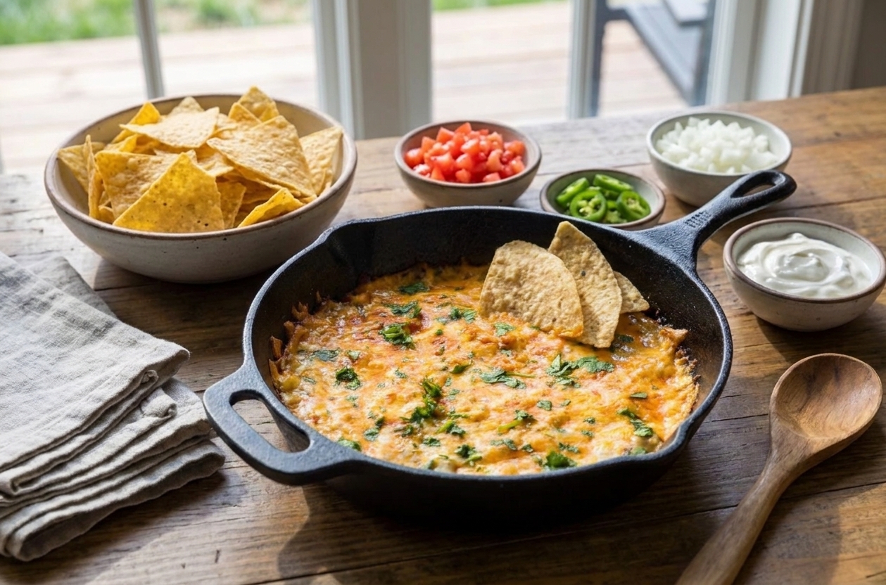 A table setting with a skillet of smoked queso surrounded by tortilla chips, small bowls of toppings, and napkins on a wooden table
