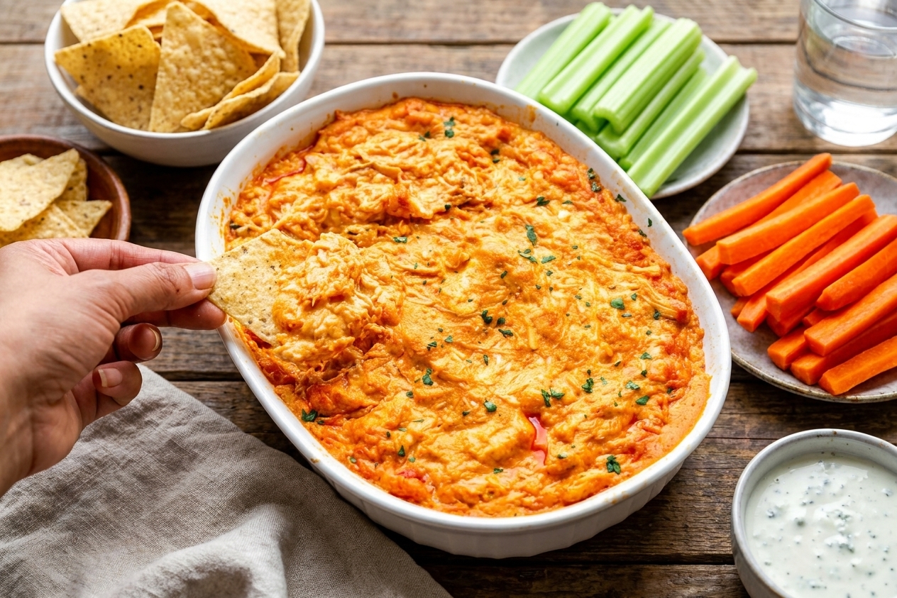 A table setting with a warm dish of buffalo chicken dip surrounded by tortilla chips, celery sticks, and carrot sticks