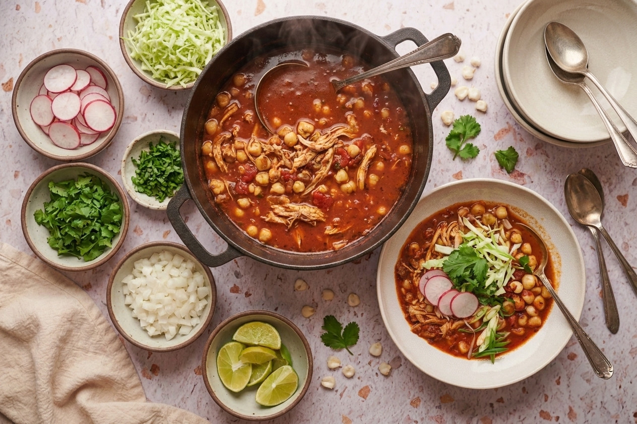 A table setting with bowls of shredded cabbage, sliced radishes, chopped cilantro, diced onion, and lime wedges beside a pot of red chicken pozole ready to serve