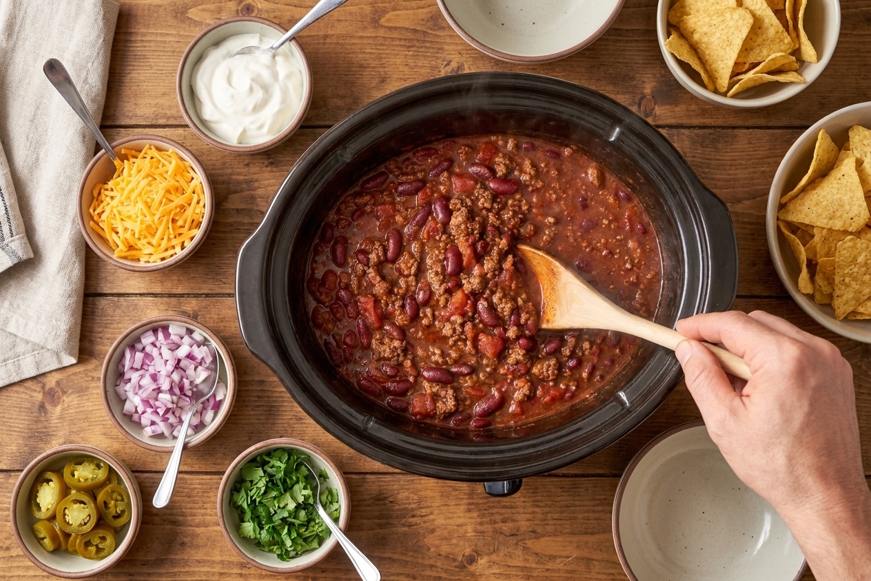 A table setting with bowls of shredded cheese, sour cream, diced onions, jalapeños, and cilantro beside a pot of chili