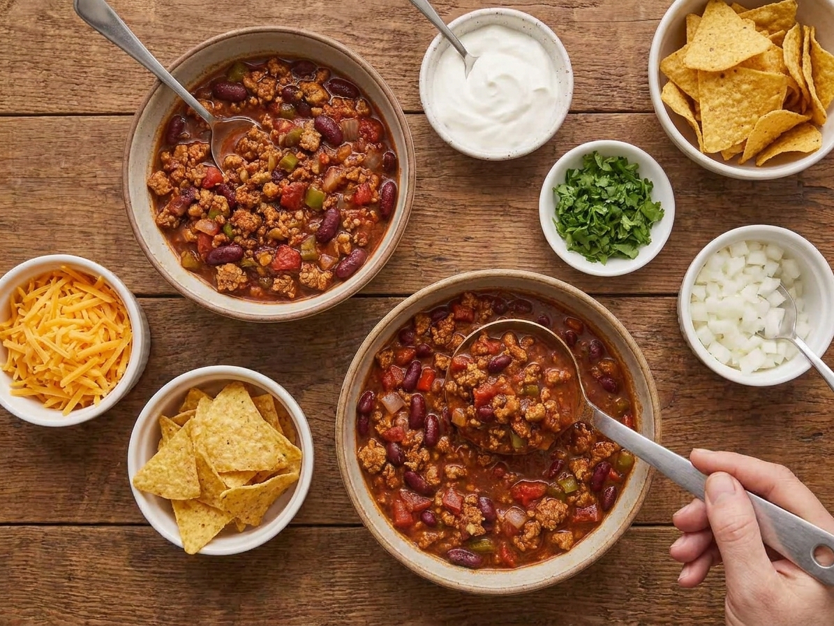 A table setting with bowls of turkey chili and small dishes of toppings like shredded cheese, sour cream, cilantro, diced onion, and tortilla chips