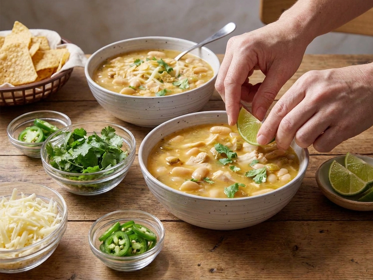A table setting with bowls of white bean chicken chili and small dishes of toppings like shredded cheese, cilantro, sliced jalapeños, lime wedges, and tortilla chips