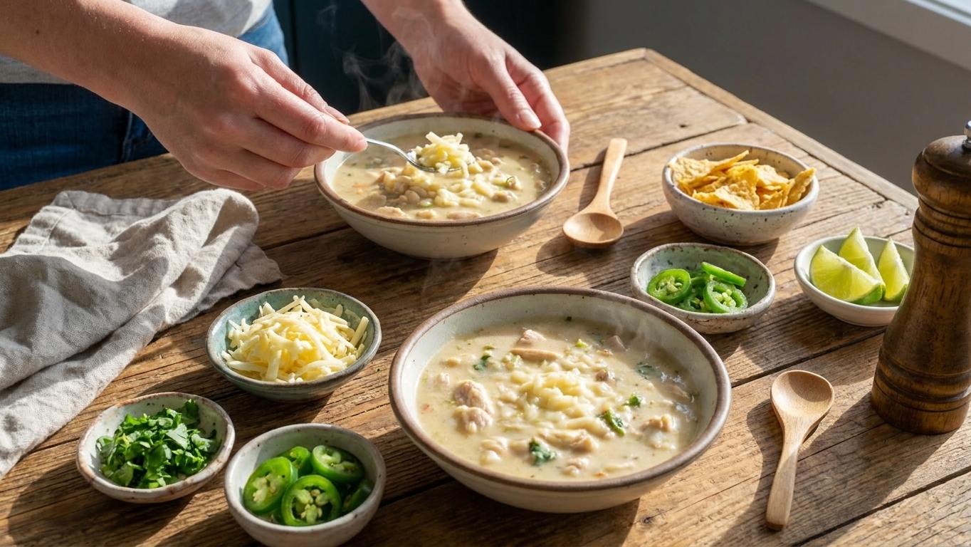A table setting with bowls of white chicken chili and small dishes of toppings like shredded cheese, cilantro, sliced jalapeños, tortilla chips, and lime wedges