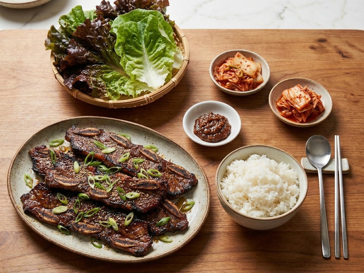 A table setting with grilled galbi, a bowl of rice, lettuce leaves, kimchi, and a small dish of ssamjang ready for wrapping