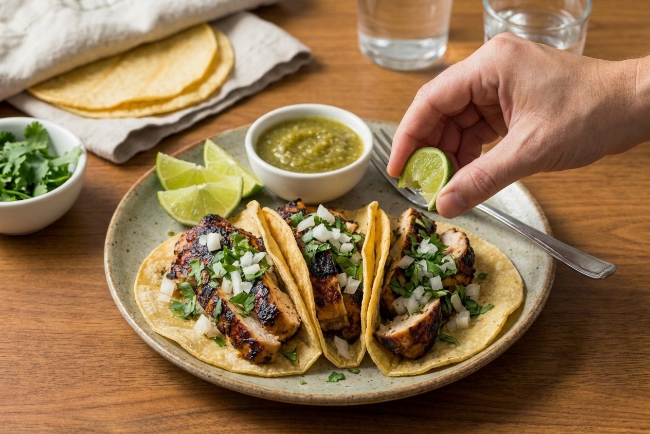 A table setting with pollo asado tacos in warm corn tortillas topped with onion and cilantro, with lime wedges on the side