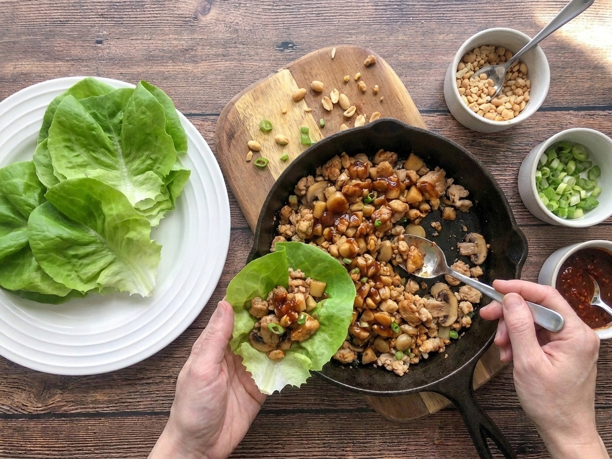 A table setup with a skillet of lettuce wrap filling, a plate of butter lettuce leaves, and small bowls of chopped peanuts and green onions ready for build-your-own serving