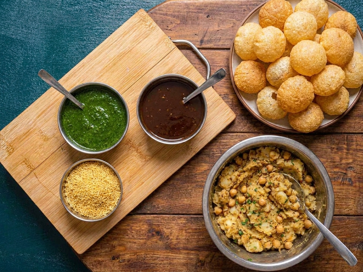 A table setup with bowls of potato filling, green pani, tamarind chutney, sev, and a pile of puris ready for assembling