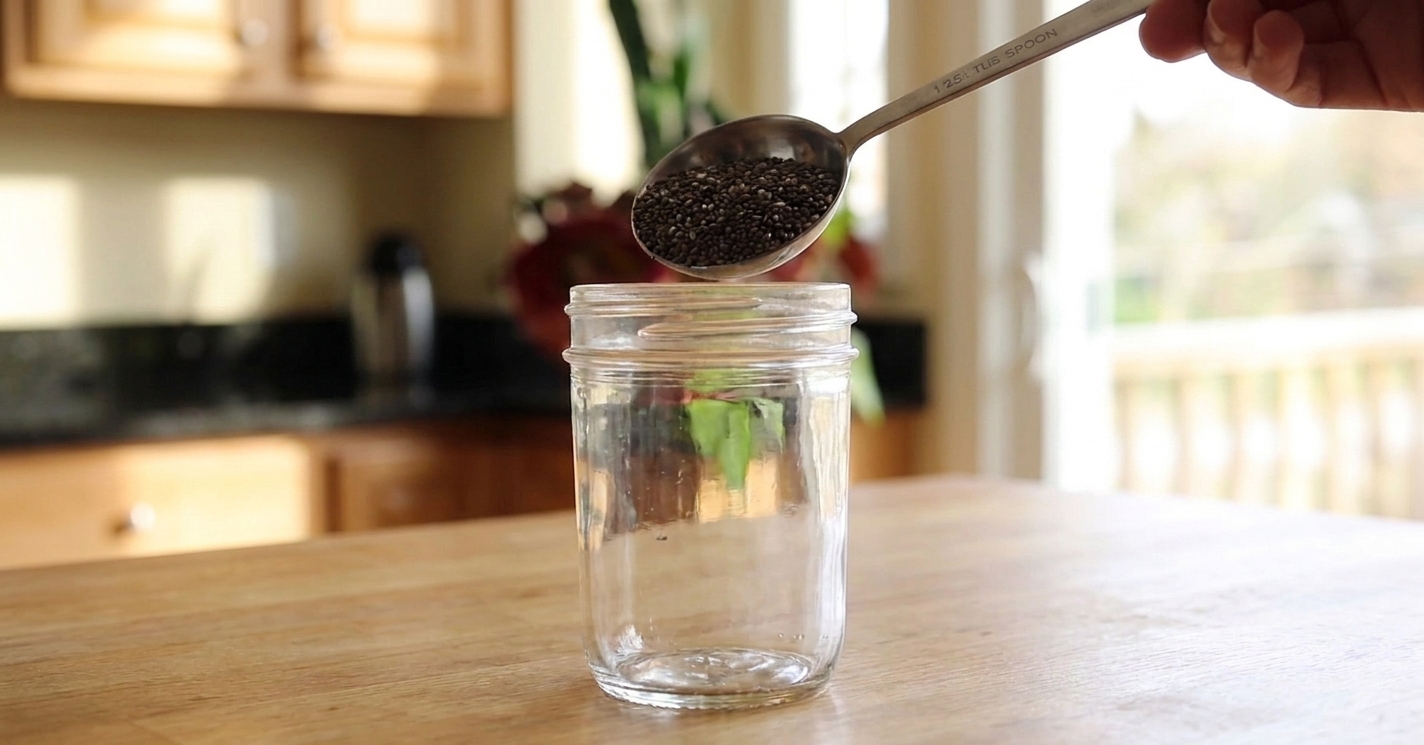 A tablespoon measuring spoon filled with chia seeds held above an open mason jar on a kitchen counter