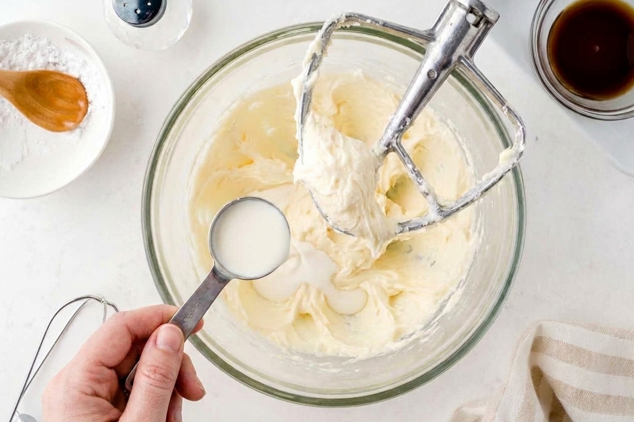 A tablespoon of cream being poured into a bowl of vanilla buttercream while a mixer is paused