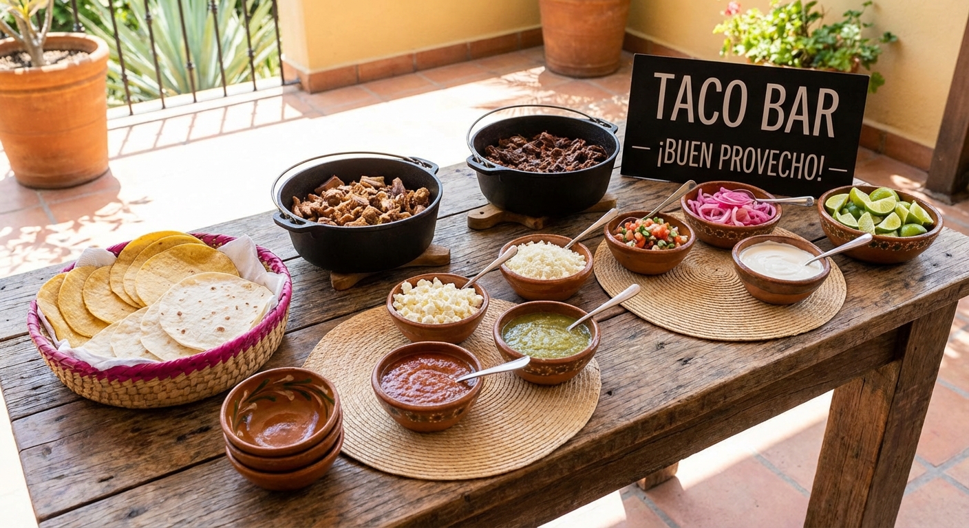 A taco toppings bar set up in a row with tortillas, protein, cheese, salsa, pickled onions, crema, and lime wedges